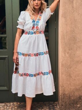 Boden Anna Linen Tiered Midi Dress Floral Embroidery 20/22 NWT